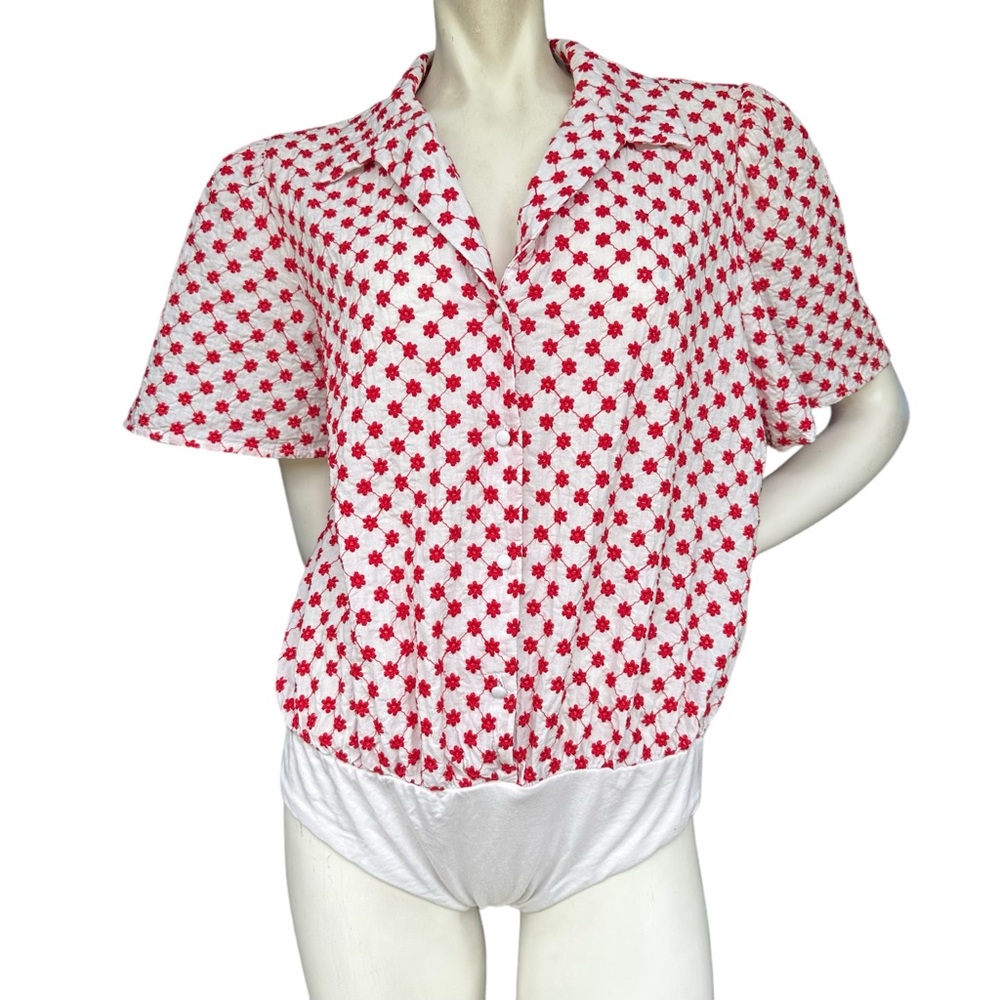 Draper James RSVP Red & White Floral Embroidered Collared Short Sleeve Bodysuit